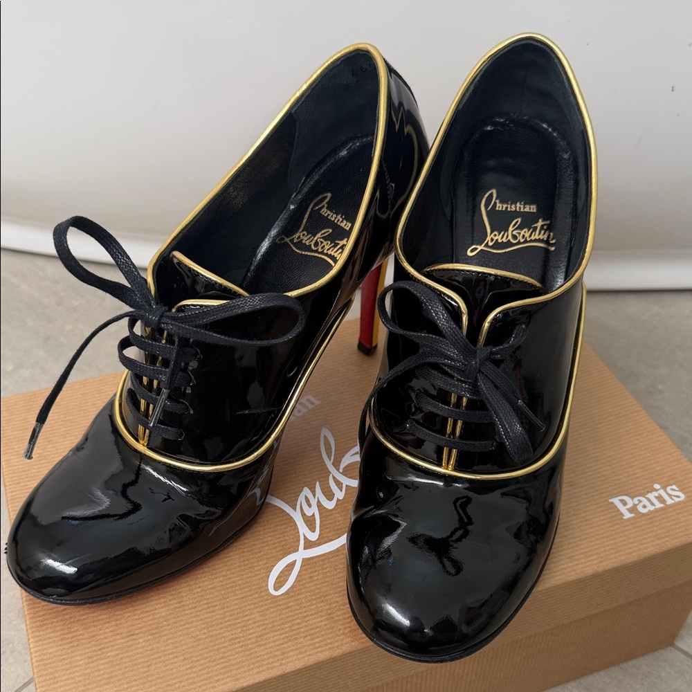 Christian Louboutin Black and Gold Patent Heels